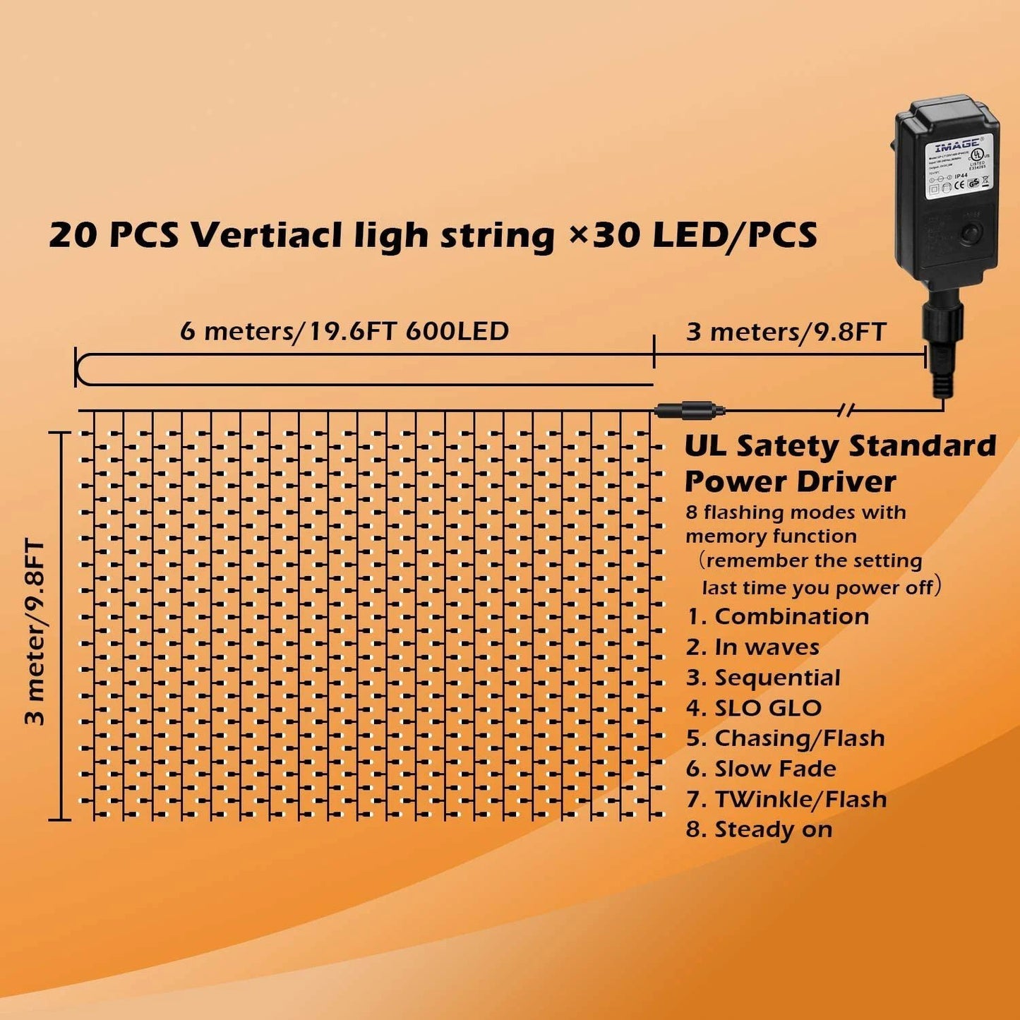 600 LED 9.8 x 19.6 FT. LED Curtain Lights with 8 Light Modes and Memory Function __stock:50 Holiday refund_fee:1200 String & Fairy Lights Warranty