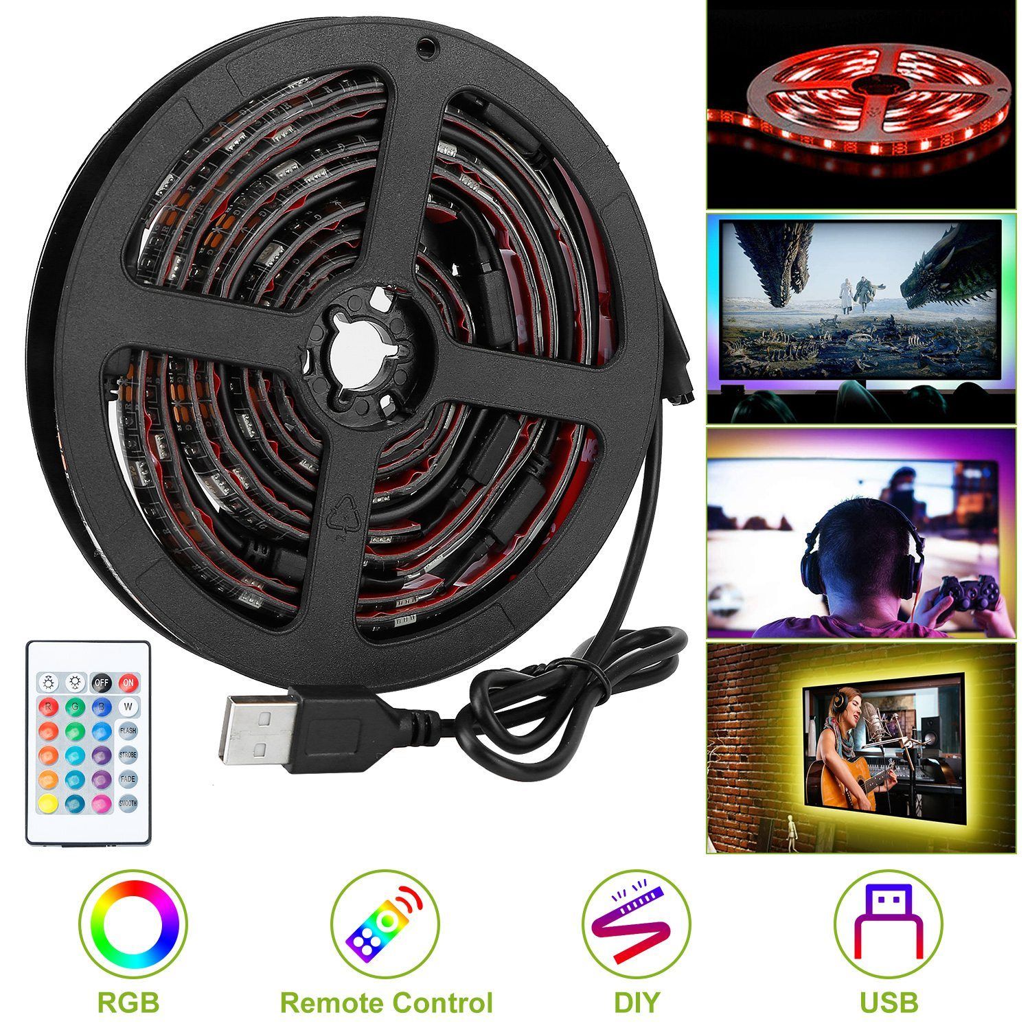 6.56ft TV LED Backlight RGB Strip Light USB Monitor Lighting Indoor Lighting refund_fee:1200 Warranty