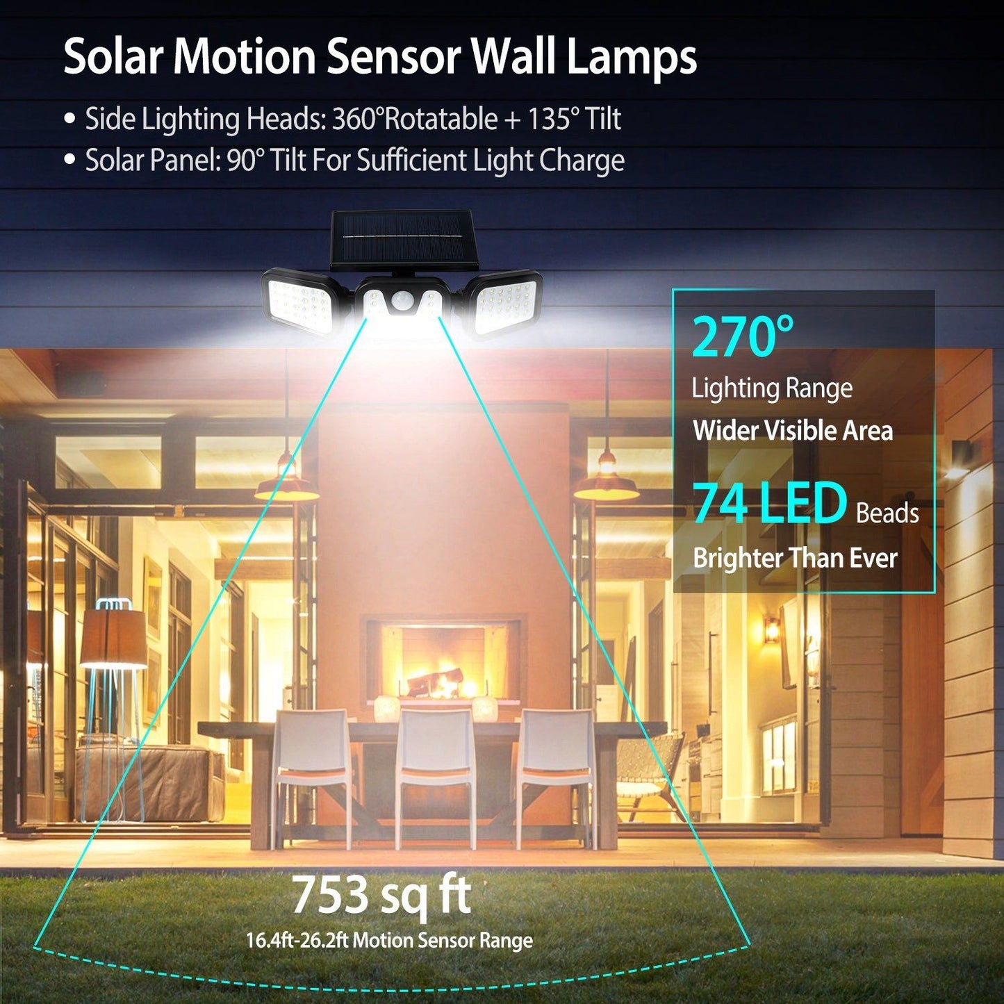 74 LEDs 3 Adjustable Solar Head Motion Sensor Flood Light Low stock Outdoor Lighting refund_fee:1200 Warranty