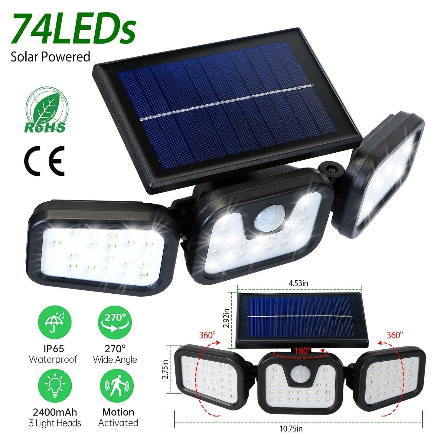 74 LEDs 3 Adjustable Solar Head Motion Sensor Flood Light Low stock Outdoor Lighting refund_fee:1200 Warranty