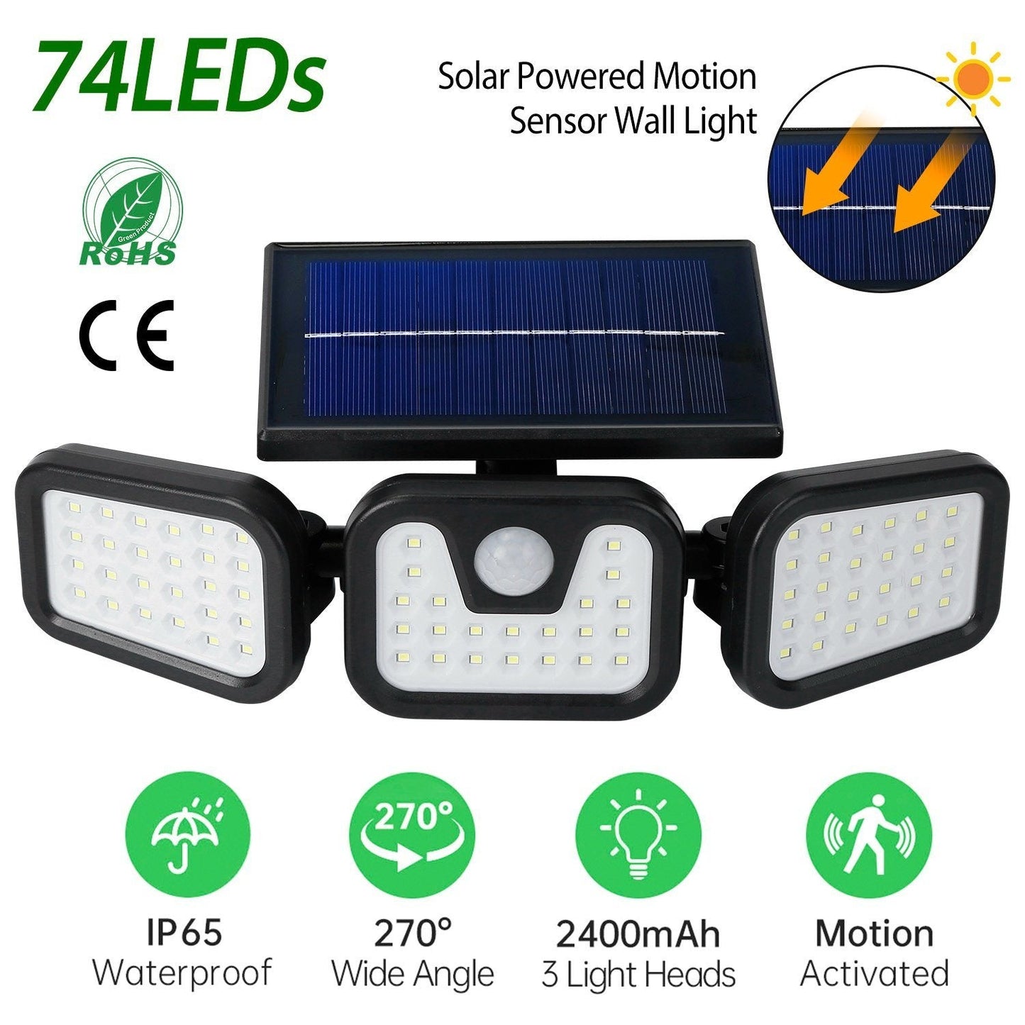 74 LEDs 3 Adjustable Solar Head Motion Sensor Flood Light Low stock Outdoor Lighting refund_fee:1200 Warranty