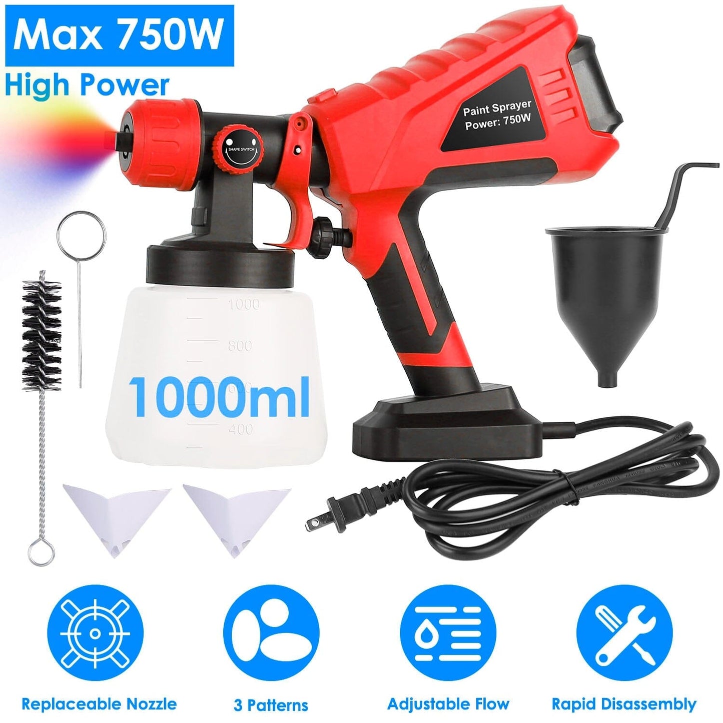 750W Electric Paint Sprayer Handheld with 3 Spray Patterns __stock:100 Home Improvement refund_fee:1800 Warranty