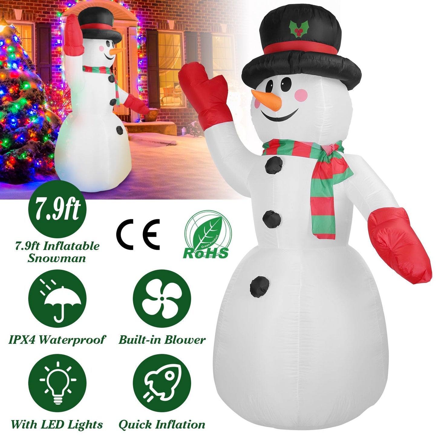 7.9ft Christmas Inflatable Giant Snowman Blow Up with LED Lights Hat Scarf __stock:50 Holiday Decor & Apparel refund_fee:1800 Warranty