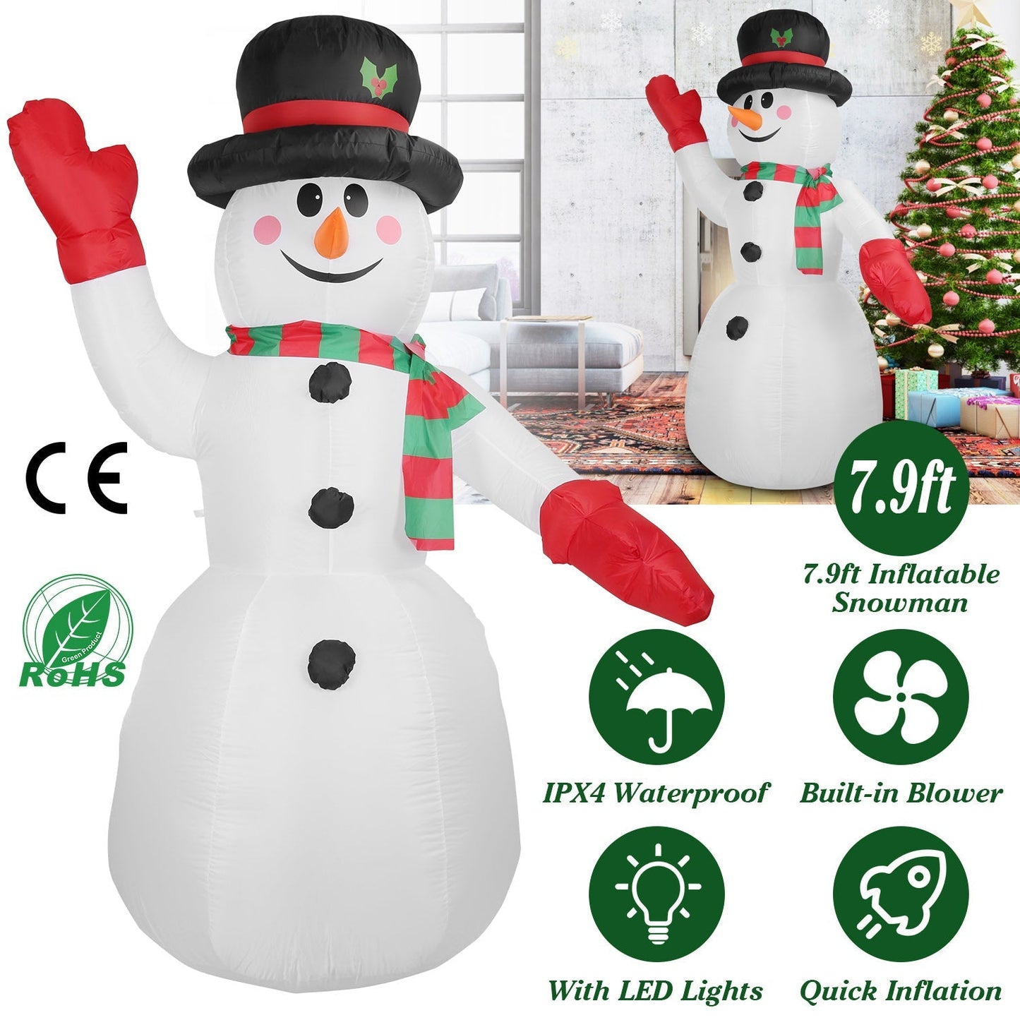 7.9ft Christmas Inflatable Giant Snowman Blow Up with LED Lights Hat Scarf __stock:50 Holiday Decor & Apparel refund_fee:1800 Warranty