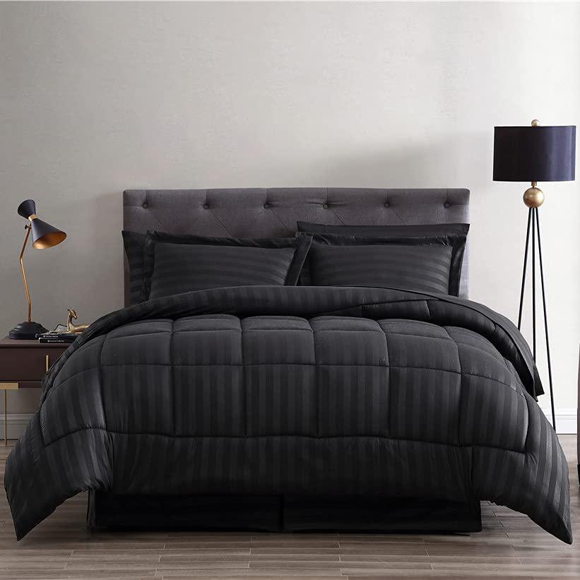 8-Piece: Maple Dobby Stripe Bedding Set Black __label2:BOGO 30% OFF __stock:200 Bedding refund_fee:2200