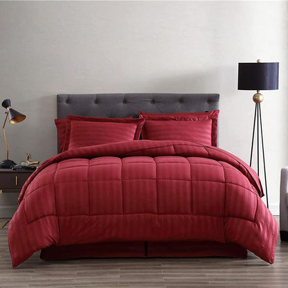 8-Piece: Maple Dobby Stripe Bedding Set Burgundy __label2:BOGO 30% OFF __stock:200 Bedding refund_fee:2200