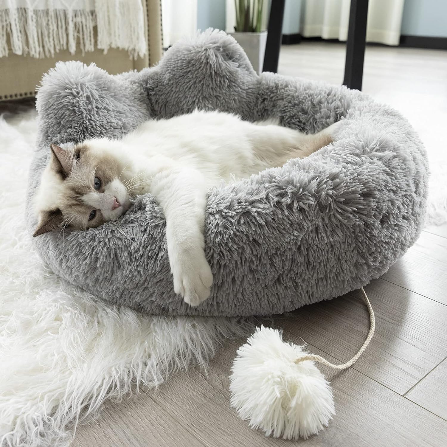 Cat Bed for Indoor Cats, Calming Dog Bed for Small Dogs, anti Anxiety Dog Bed Soft Fluffy Warm and Cozy to Improved Sleep, Machine Washable Grey, Large Beds Beds & Furniture Cats Pet Supplies