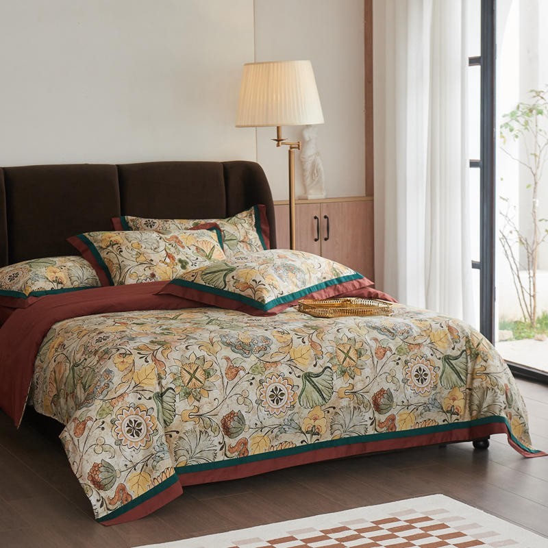 Vintage Floral Leaves Premium Egyptian Cotton Bedding Set