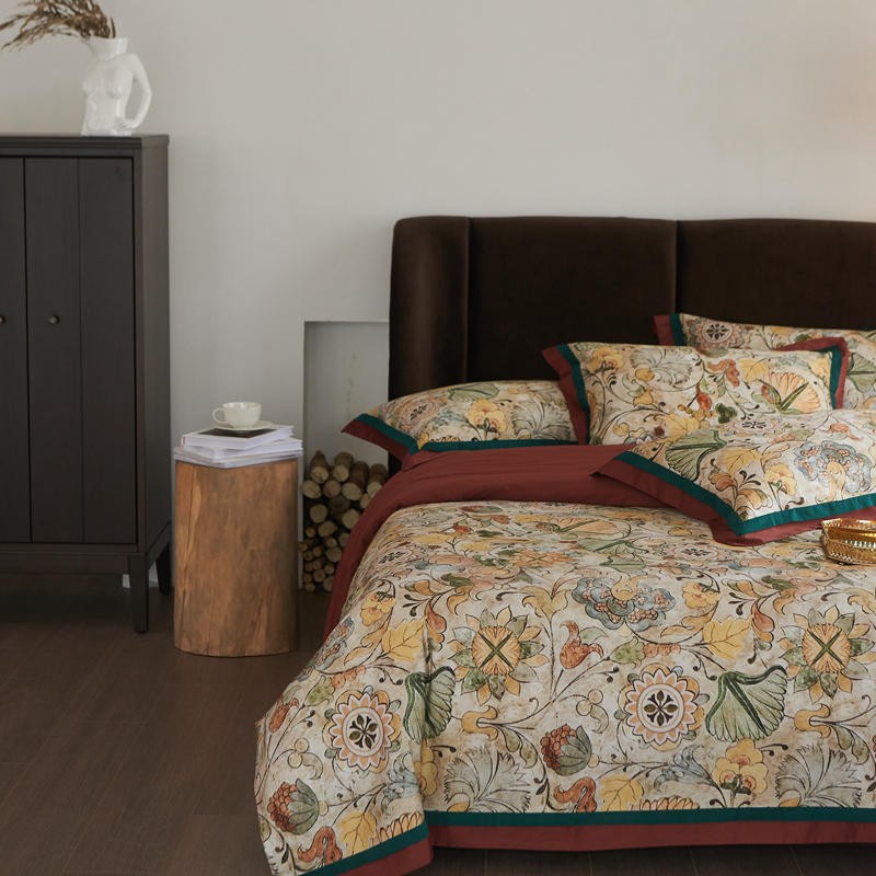 Vintage Floral Leaves Premium Egyptian Cotton Bedding Set