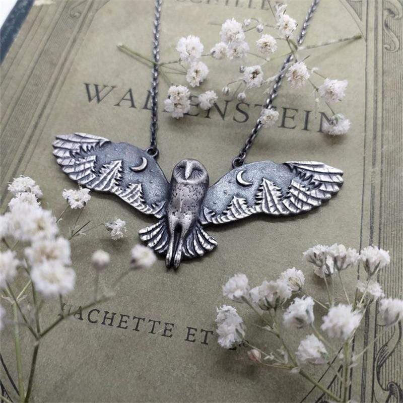 Silver Owl Moon Forest Necklace