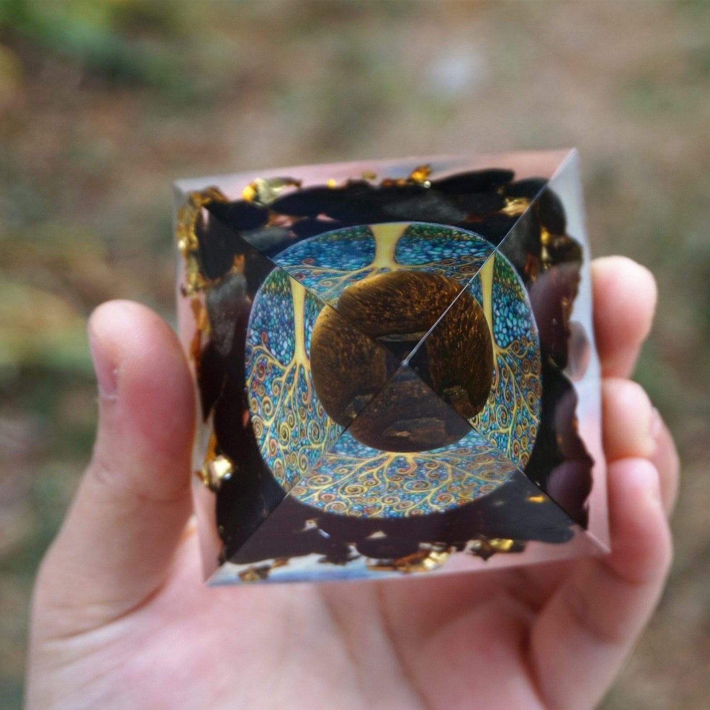 Tiger Eye Crystal Sphere & Obsidian Quartz Orgone Pyramid