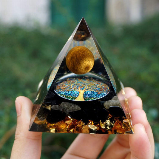 Tiger Eye Crystal Sphere & Obsidian Quartz Orgone Pyramid