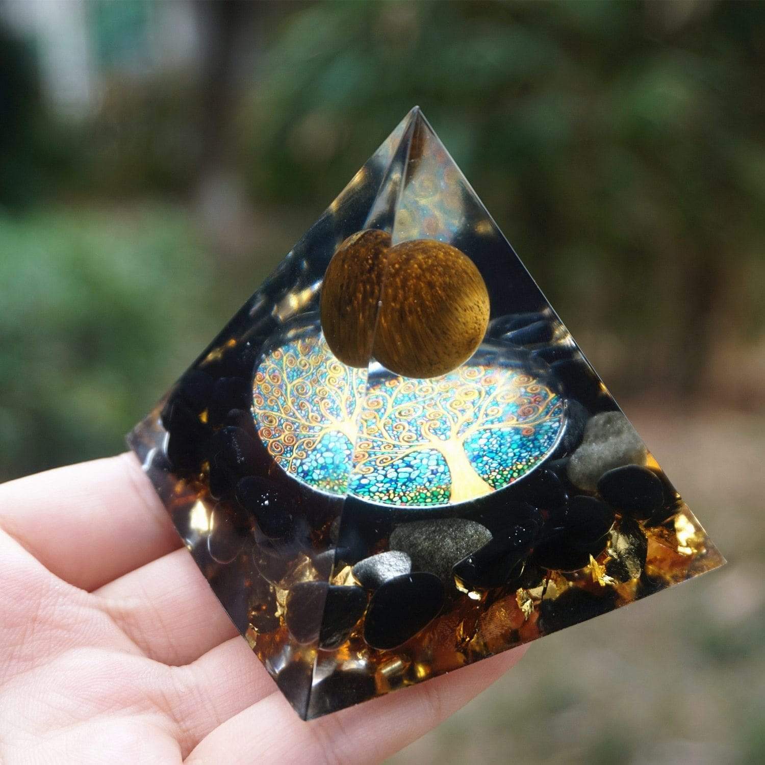 Tiger Eye Crystal Sphere & Obsidian Quartz Orgone Pyramid