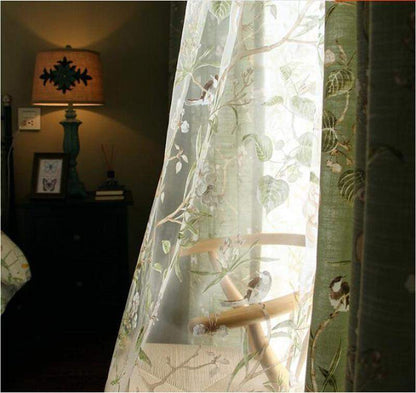 Transparent Tulle Curtains with Floral Birds Patterns