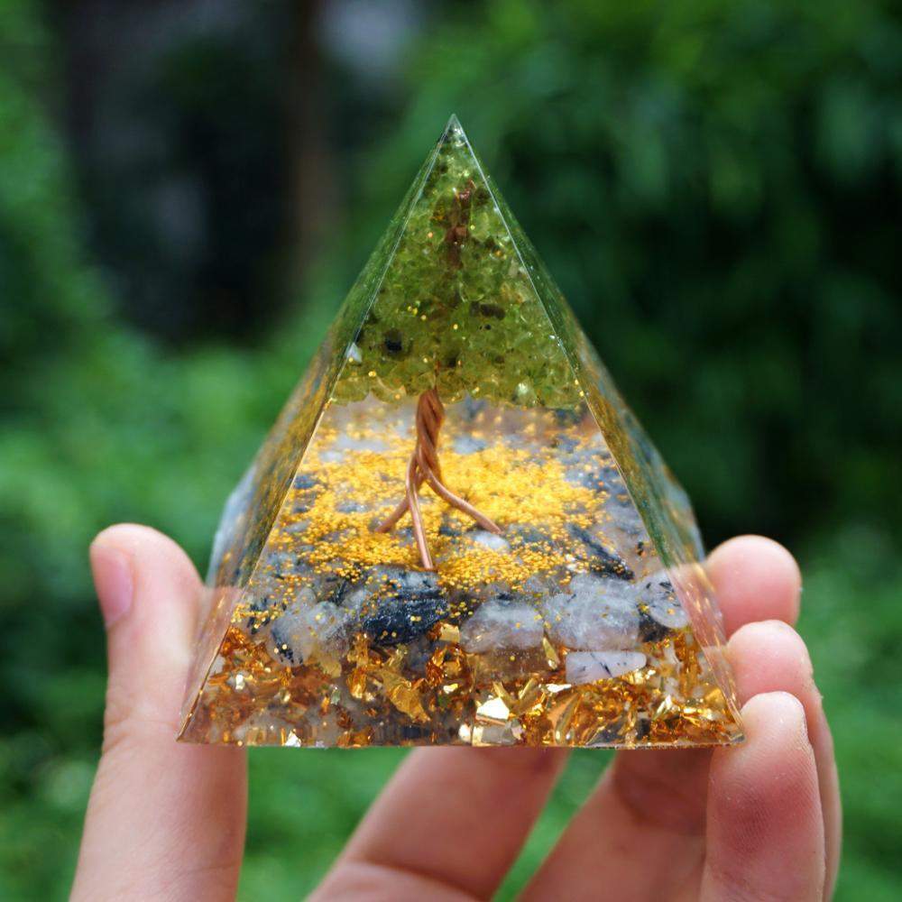 Tree Of Life Peridot With Black Quartz Orgone Pyramid