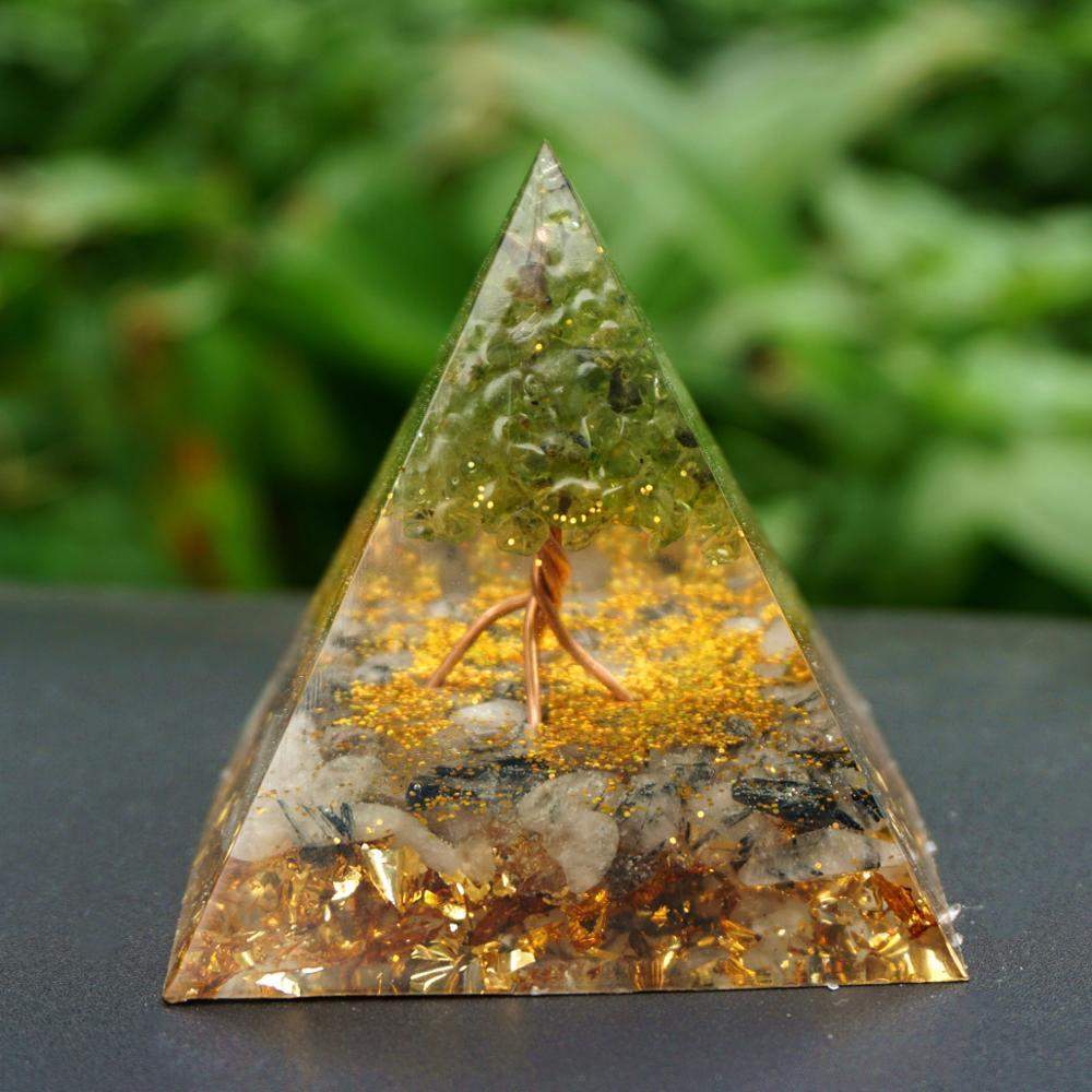 Tree Of Life Peridot With Black Quartz Orgone Pyramid