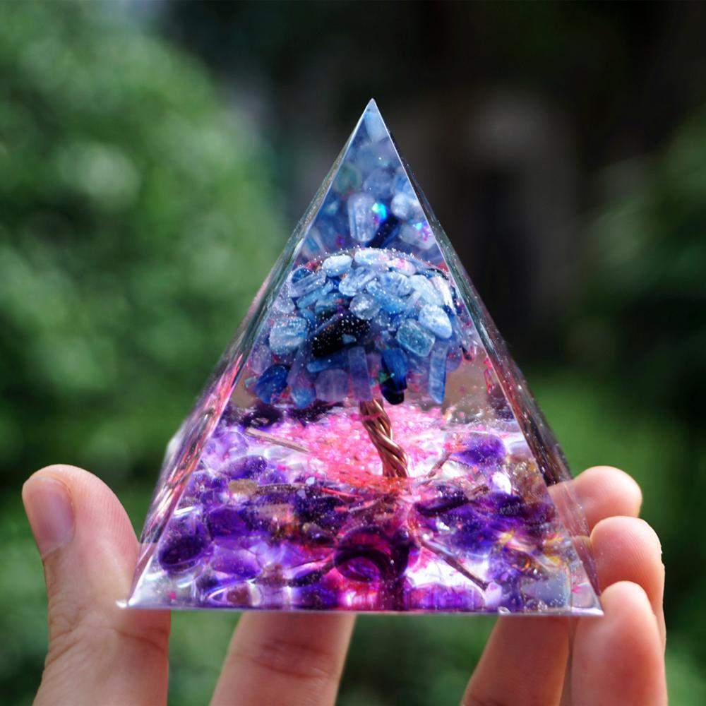 Tree of Life Kyanite Quartz With Amethyst Crystal Orgonite Pyramid