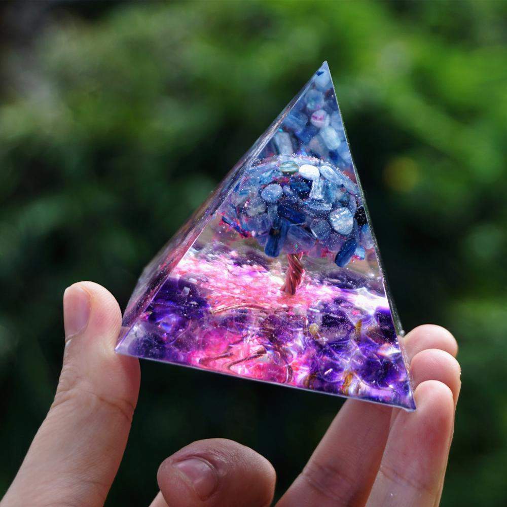 Tree of Life Kyanite Quartz With Amethyst Crystal Orgonite Pyramid