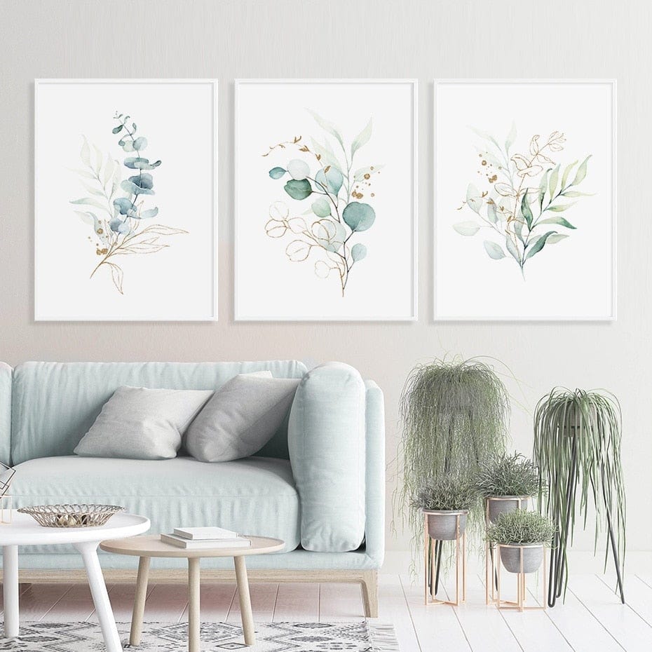 Watercolor Gold Green Leaves Canvas Wall Art