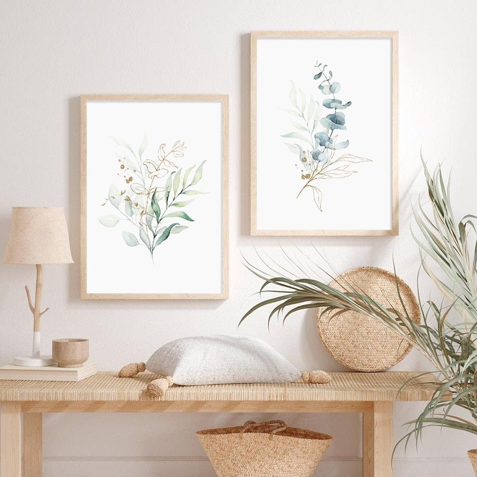 Watercolor Gold Green Leaves Canvas Wall Art