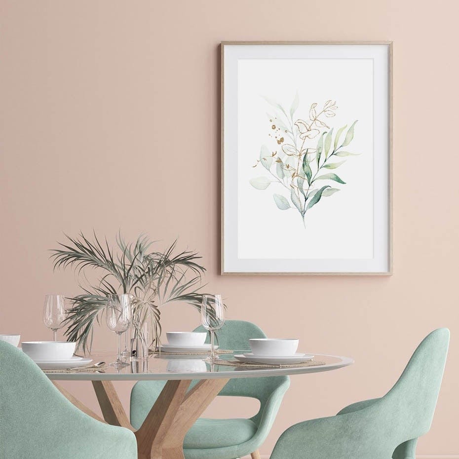 Watercolor Gold Green Leaves Canvas Wall Art