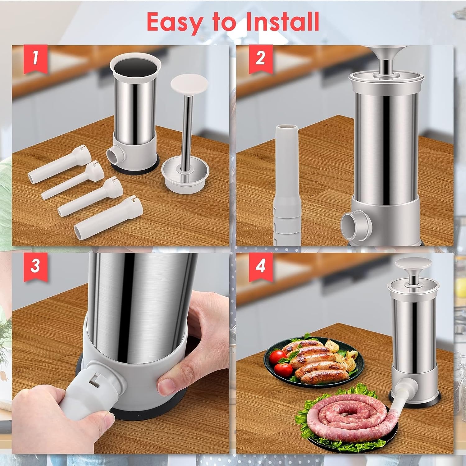 🔥Last Day Promotion - 49% OFF - Sausage Stuffer with 4 Different Sizes Stuffing Tubes Kitchen & Dining