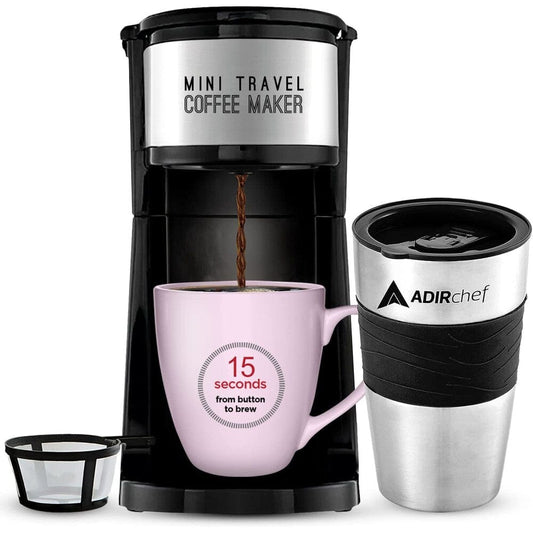 AdirChef Mini Travel Single Serve Coffee Maker & 15 oz. Travel Mug Coffee Tumbler & Reusable Filter Black __stock:150 Kitchen & Dining refund_fee:1200 Warranty