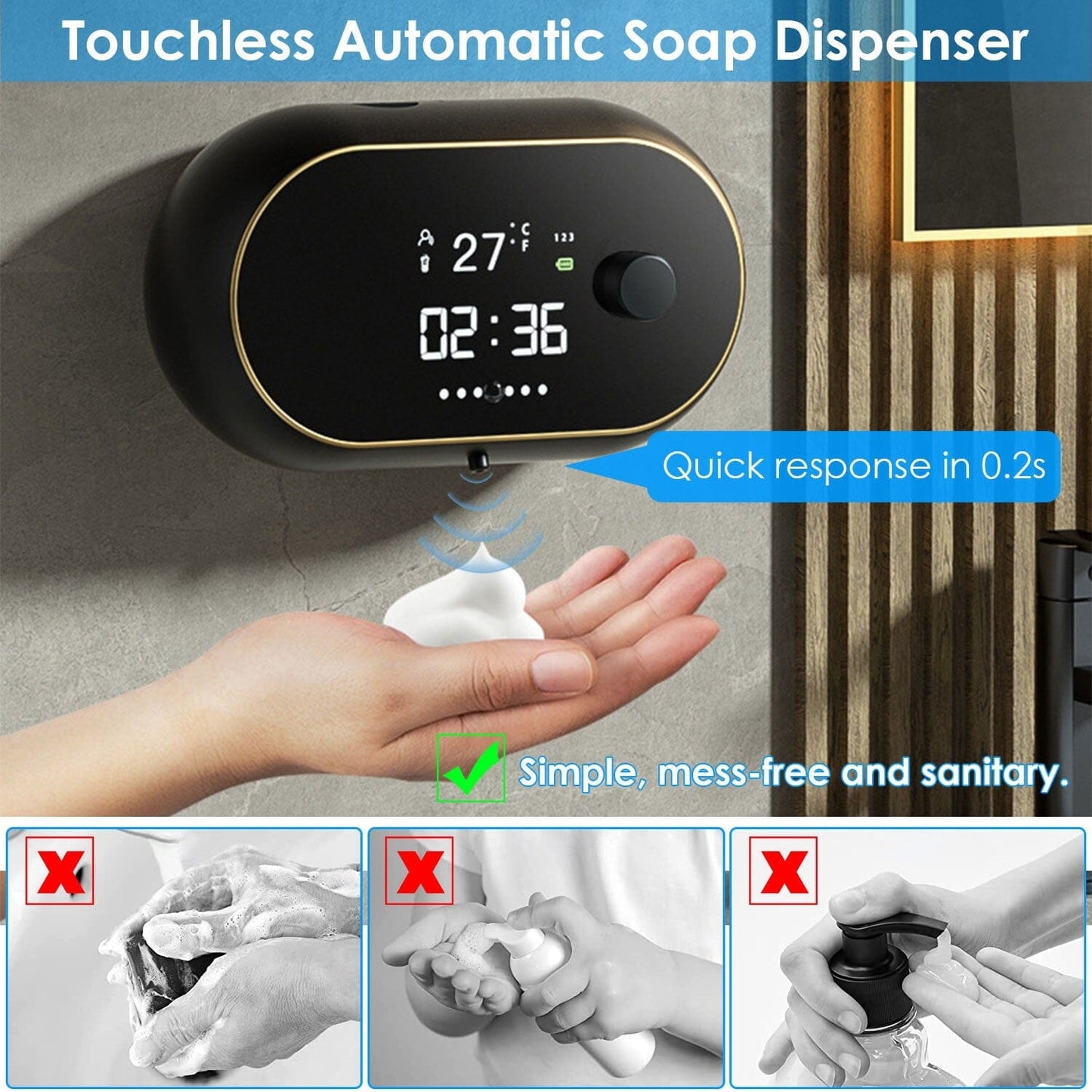 Automatic Soap Dispenser Wall Mounted Hand Free with Clock Temperature __stock:50 Bath Low stock refund_fee:1800 Warranty