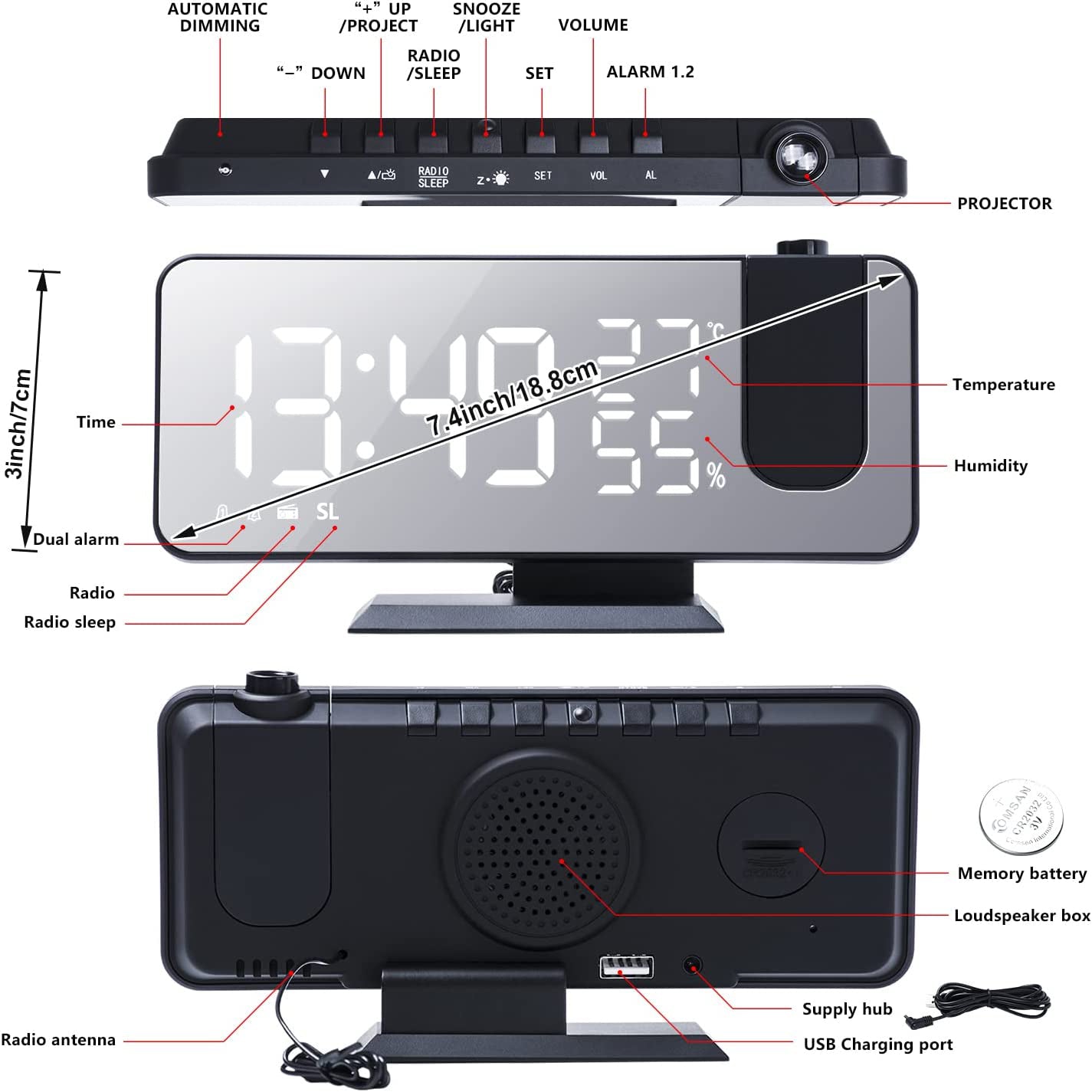 Bedroom Projection Digital Alarm Clock __stock:200 Household Appliances refund_fee:1200 show-color-swatches Warranty