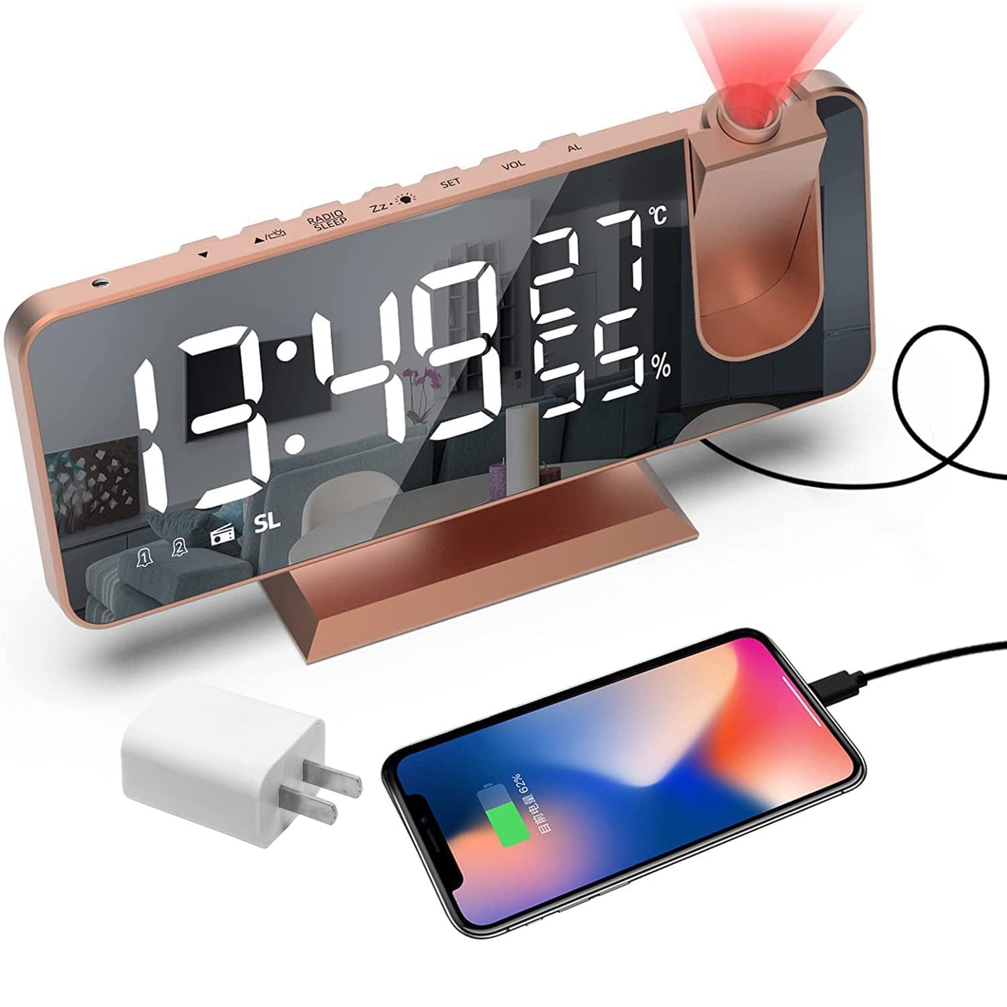 Bedroom Projection Digital Alarm Clock Rose Gold __stock:200 Household Appliances refund_fee:1200 show-color-swatches Warranty