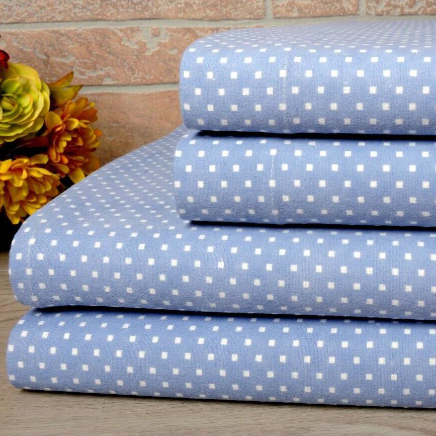 Bibb Home 100% Cotton Printed Flannel Sheet Set - Cozy, Soft, Deep Pocket Sheets Blue Dots __label2:BOGO 30% OFF __stock:200 Bedding refund_fee:1200