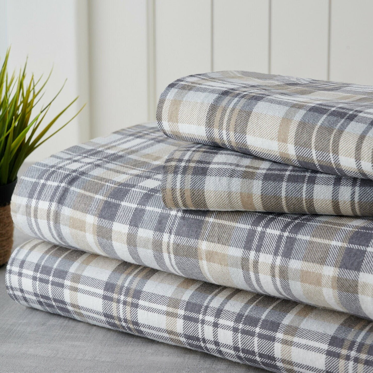 Bibb Home 100% Cotton Printed Flannel Sheet Set - Cozy, Soft, Deep Pocket Sheets Gray Plaid __label2:BOGO 30% OFF __stock:200 Bedding refund_fee:1200