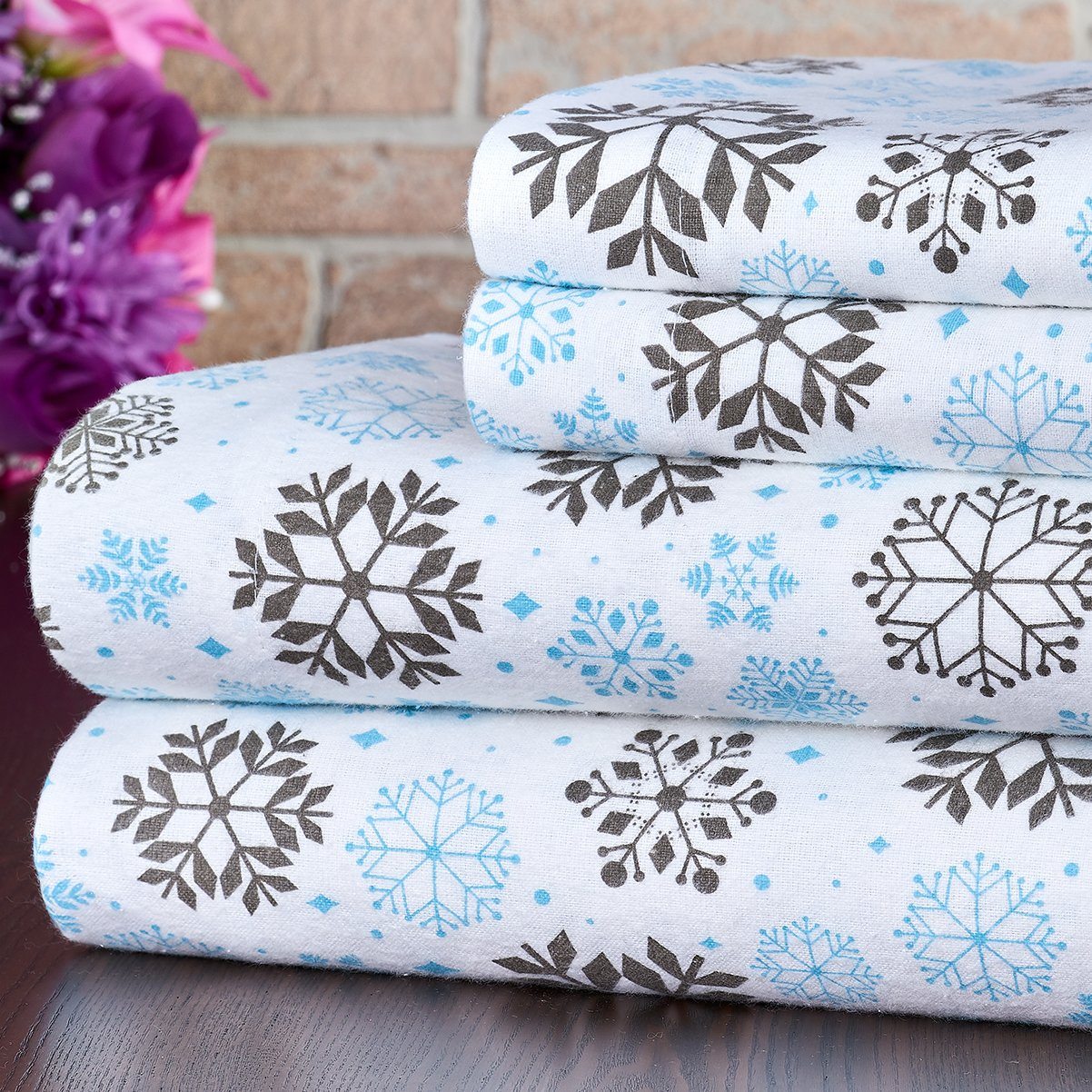 Bibb Home 100% Cotton Printed Flannel Sheet Set - Cozy, Soft, Deep Pocket Sheets Gray Snowflakes __label2:BOGO 30% OFF __stock:200 Bedding refund_fee:1200