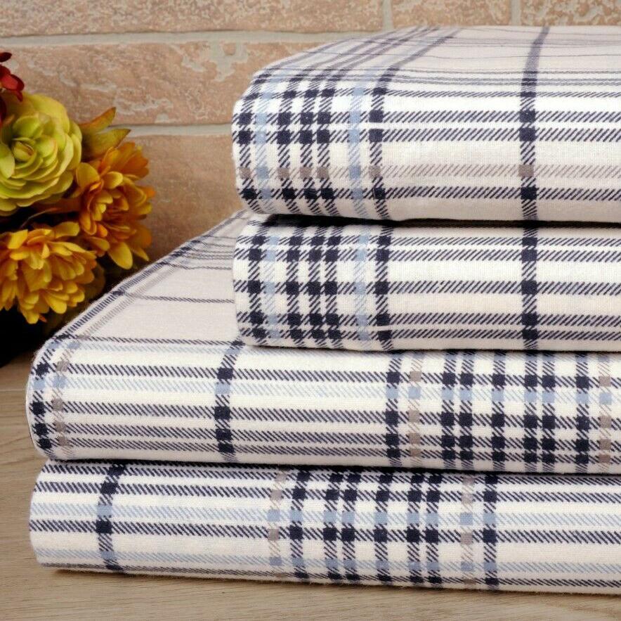 Bibb Home 100% Cotton Printed Flannel Sheet Set - Cozy, Soft, Deep Pocket Sheets Navy Stripes __label2:BOGO 30% OFF __stock:200 Bedding refund_fee:1200