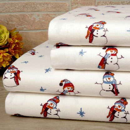 Bibb Home 100% Cotton Printed Flannel Sheet Set - Cozy, Soft, Deep Pocket Sheets Red Blue Snowman __label2:BOGO 30% OFF __stock:200 Bedding refund_fee:1200