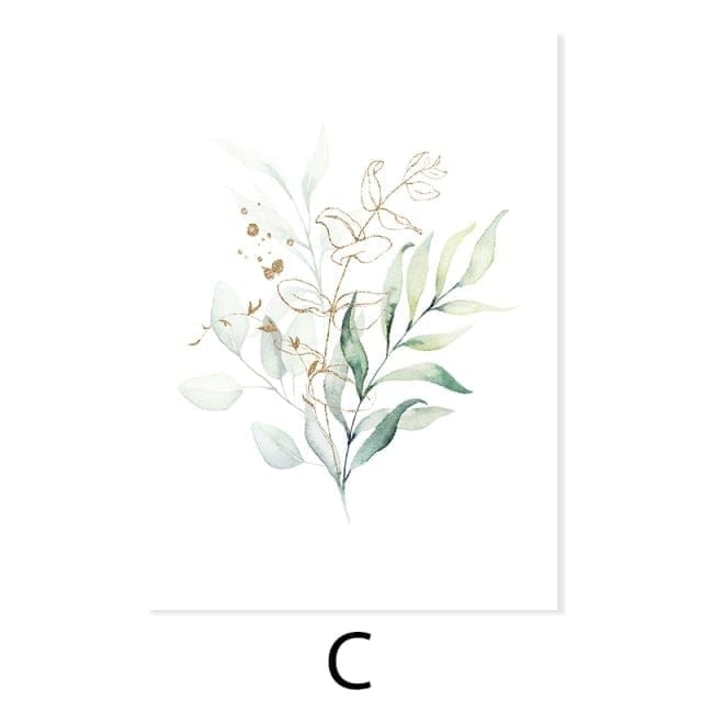 Watercolor Gold Green Leaves Canvas Wall Art