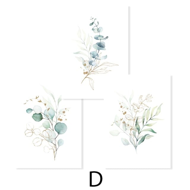 Watercolor Gold Green Leaves Canvas Wall Art