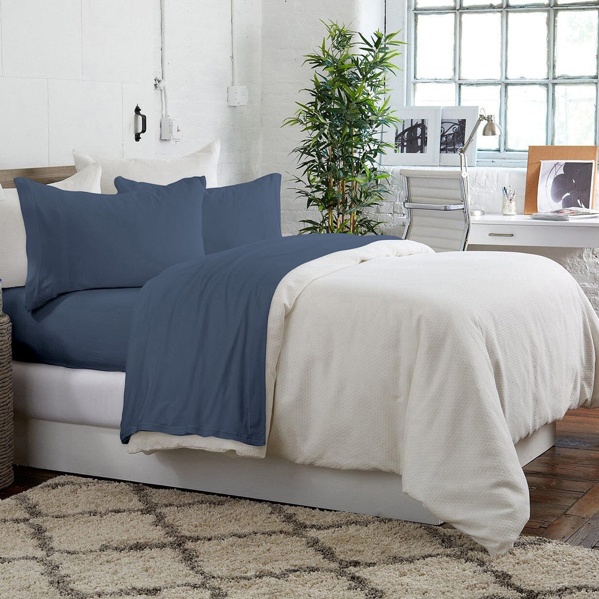 Brooklyn Flat Jersey Knit Sheet Set Denim Blue __label2:BOGO 30% OFF __stock:50 Bedding refund_fee:1200 show-color-swatches