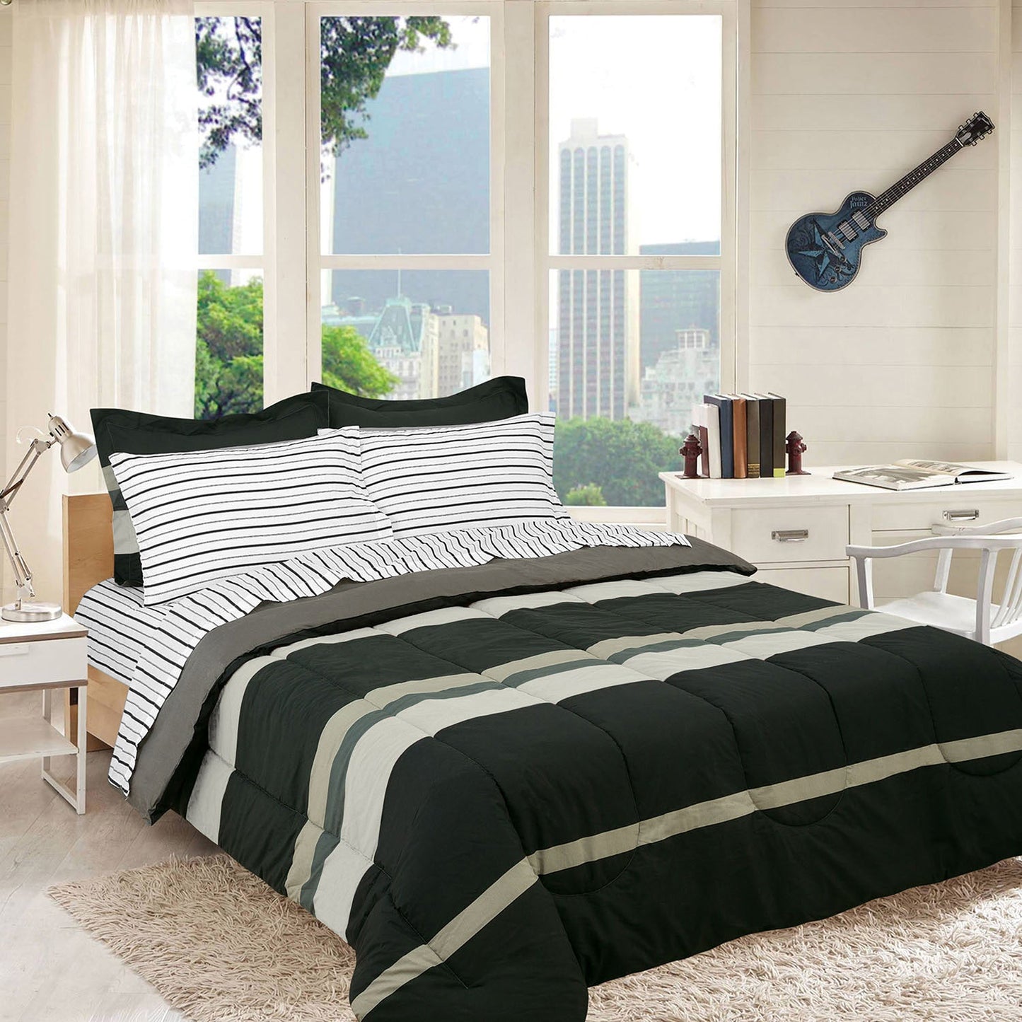 Brooklyn Flat Rugby Stripe Bed-in-a-Bag Set Gray __label2:BOGO 30% OFF __stock:100 Bedding refund_fee:1800