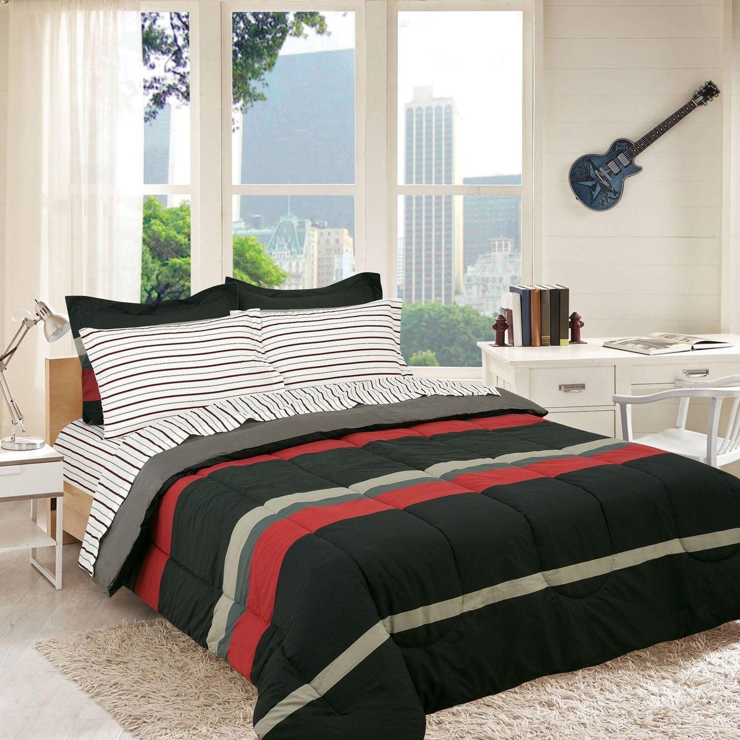 Brooklyn Flat Rugby Stripe Bed-in-a-Bag Set Red __label2:BOGO 30% OFF __stock:100 Bedding refund_fee:1800