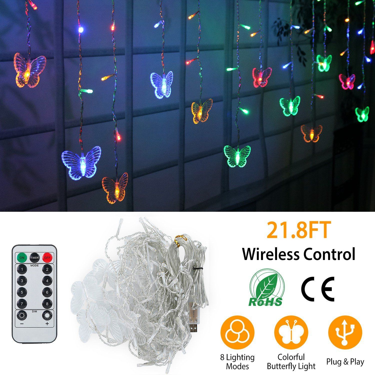 Butterfly Curtain String Lights USB Powered with 8 Modes 96 LED Remote Control __stock:50 Low stock refund_fee:1800 String & Fairy Lights Warranty