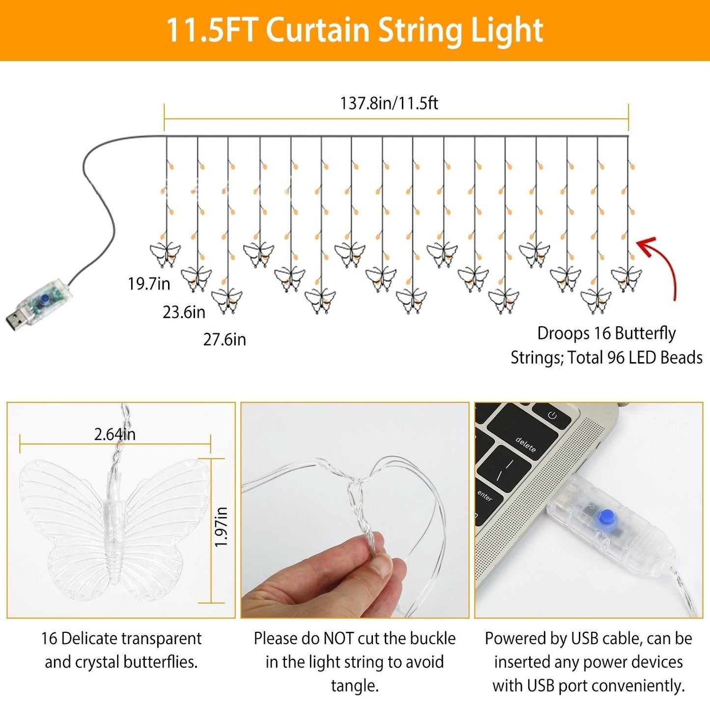 Butterfly Curtain String Lights USB Powered with 8 Modes 96 LED Remote Control __stock:50 Low stock refund_fee:1800 String & Fairy Lights Warranty