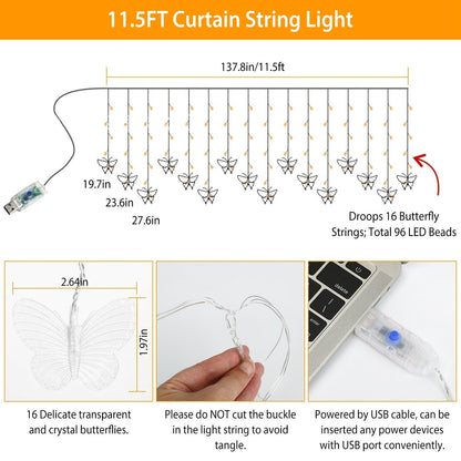 Butterfly Curtain String Lights USB Powered with 8 Modes 96 LED Remote Control __stock:50 Low stock refund_fee:1800 String & Fairy Lights Warranty