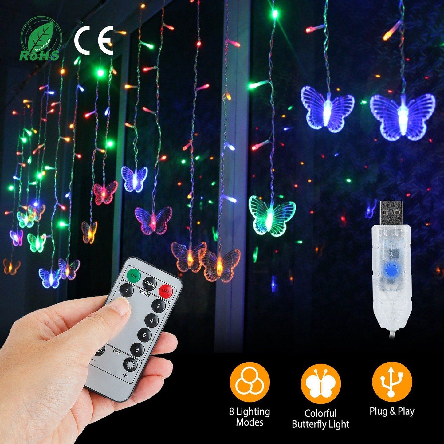 Butterfly Curtain String Lights USB Powered with 8 Modes 96 LED Remote Control __stock:50 Low stock refund_fee:1800 String & Fairy Lights Warranty