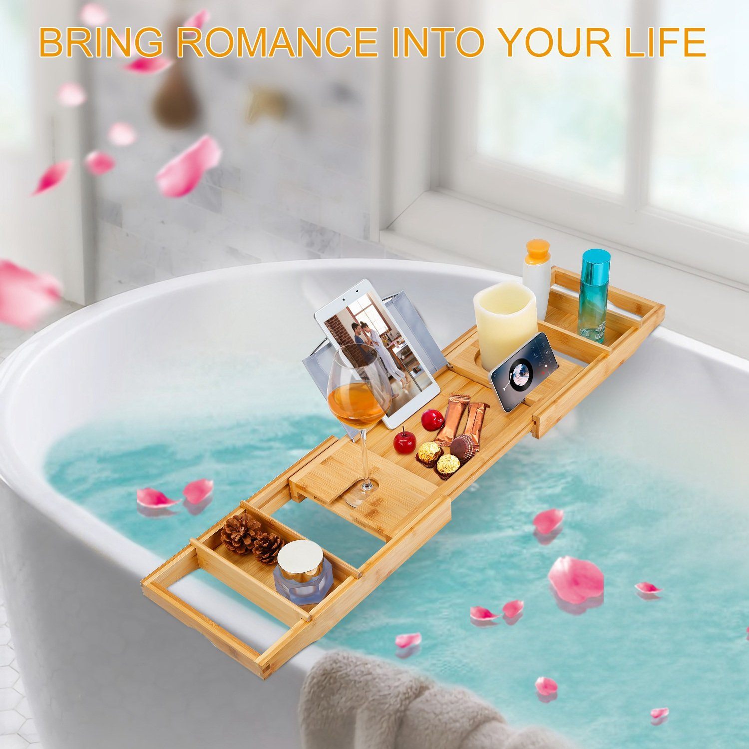 Crafted Bamboo Bath Tray Table Extendable Reading Rack __stock:50 Bath refund_fee:1800