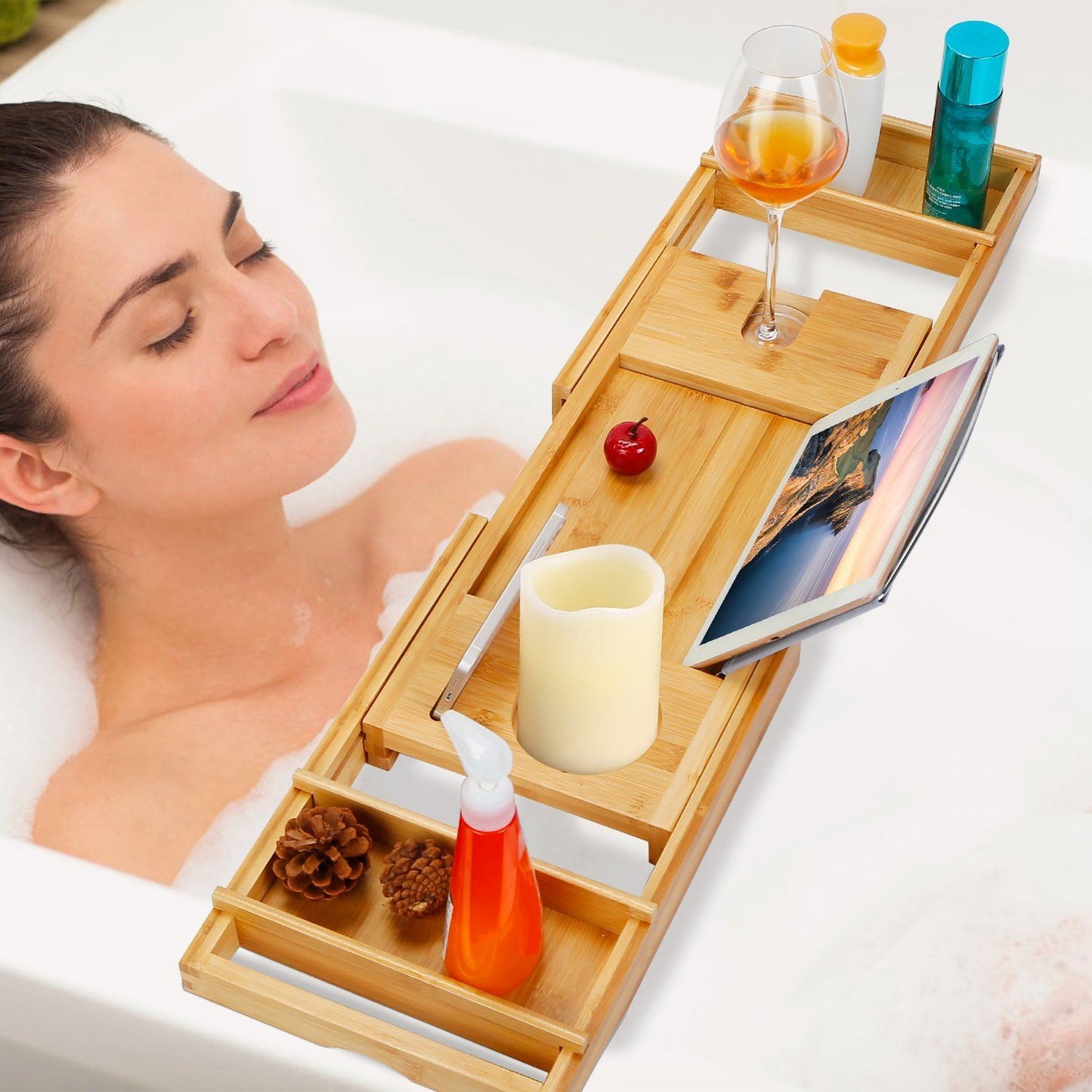 Crafted Bamboo Bath Tray Table Extendable Reading Rack __stock:50 Bath refund_fee:1800