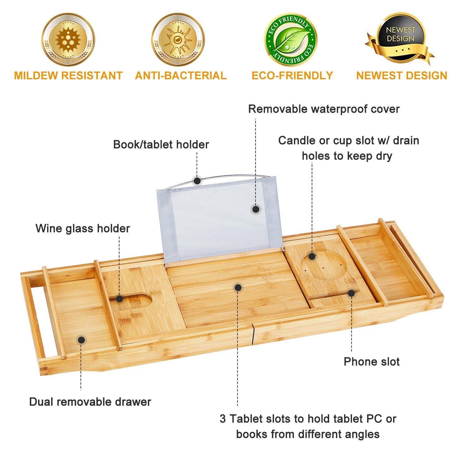 Crafted Bamboo Bath Tray Table Extendable Reading Rack __stock:50 Bath refund_fee:1800