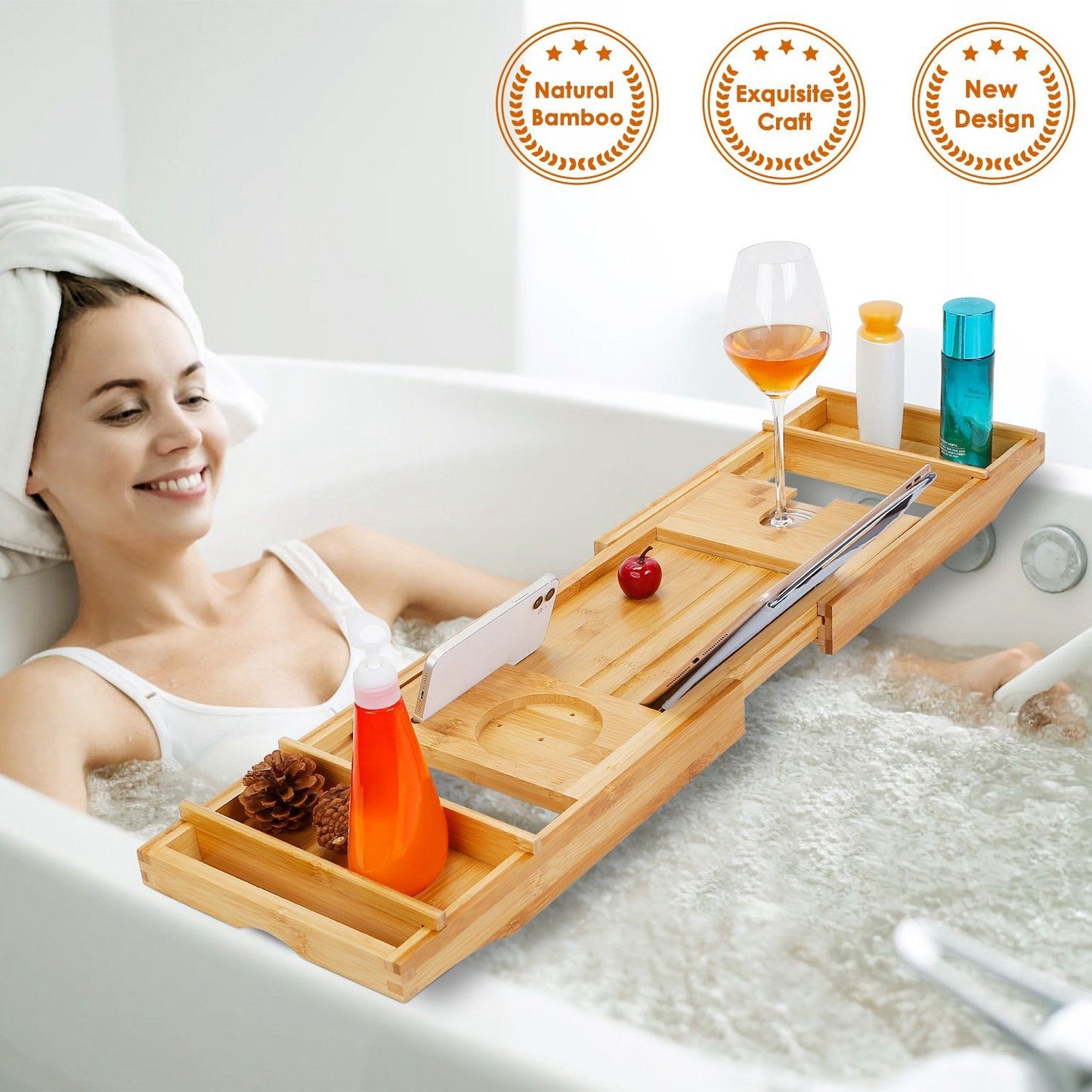 Crafted Bamboo Bath Tray Table Extendable Reading Rack __stock:50 Bath refund_fee:1800