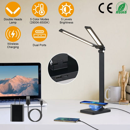 Double Head Desk Lamp with Wireless Charging USB Port __stock:50 Indoor Lighting refund_fee:1800 Warranty