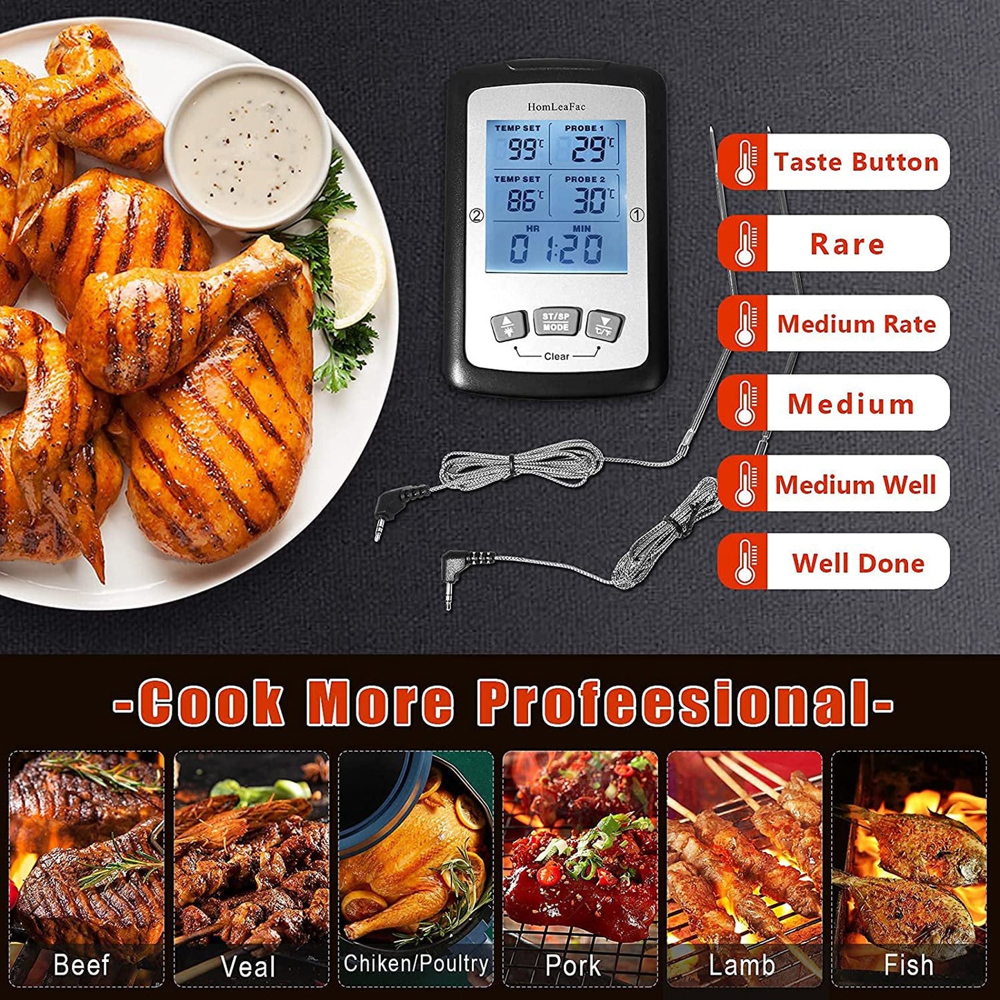 Dual Probe Digital Instant Read Food Thermometer __stock:150 Kitchen & Dining refund_fee:1200 Warranty